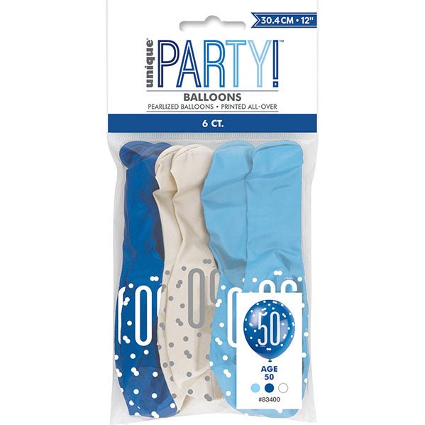 "50" Blue & White Assorted Balloons 30cm (Pack of 6) - The Party Marketplace
