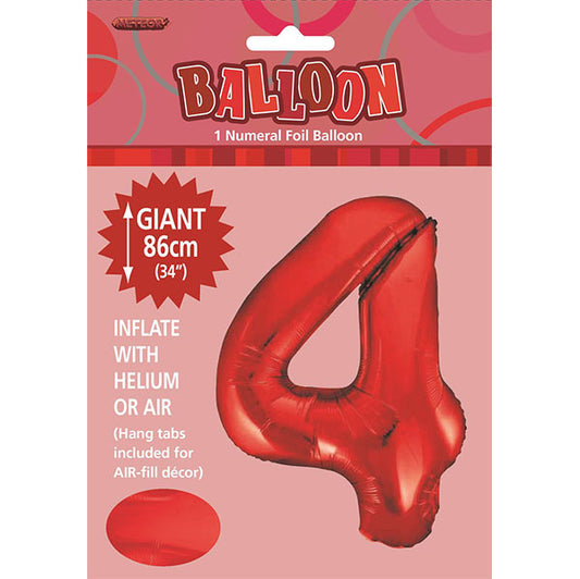 Red "4" Numeral Foil Balloon (86cm)