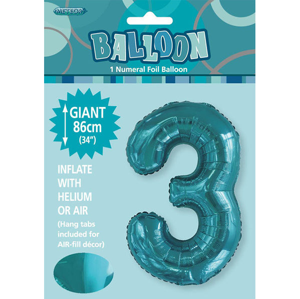 Caribbean Teal "3" Numeral Foil Balloon (86cm)