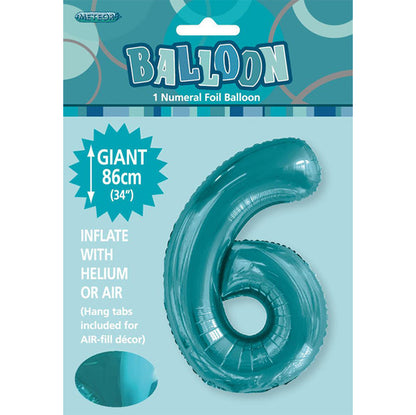 Caribbean Teal "6" Numeral Foil Balloon (86cm)