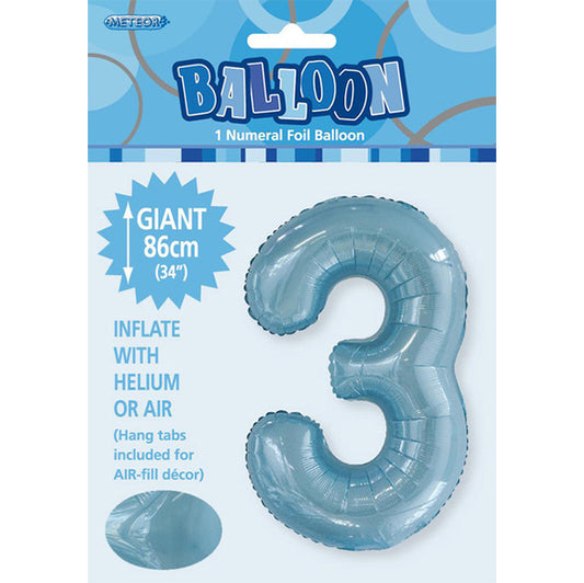 Powder Blue "3" Numeral Foil Balloon (86cm)