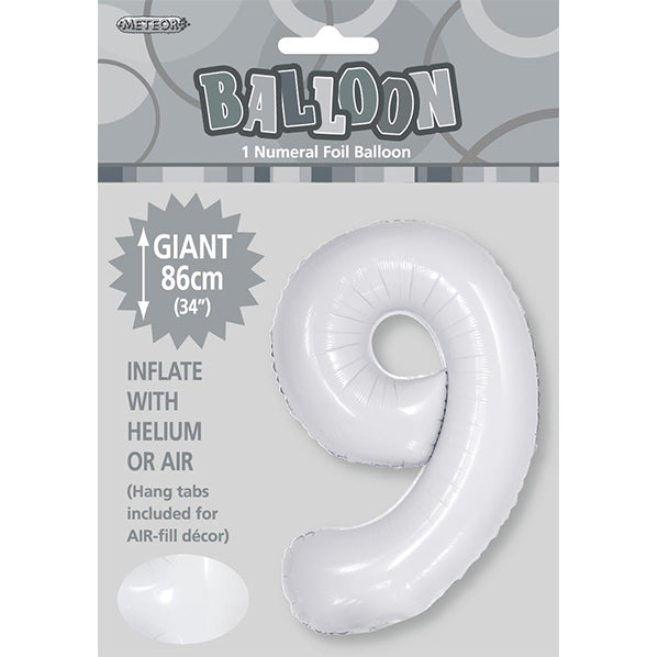 White "9" Numeral Foil Balloon (86cm)