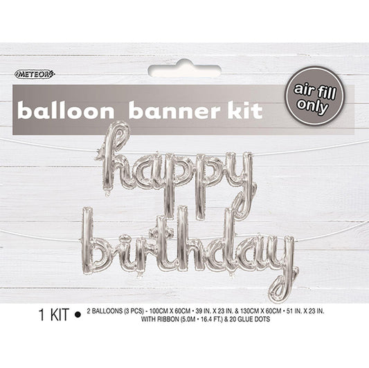 "Happy Birthday" Silver Foil Balloon Banner Ribbon