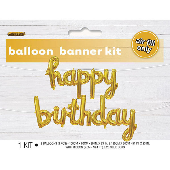 "Happy Birthday" Gold Foil Balloon Banner With Ribbon