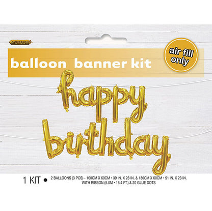 "Happy Birthday" Gold Foil Balloon Banner With Ribbon