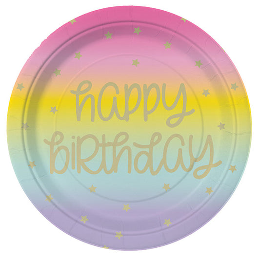 Rainbow Star "Happy Birthday" Foil Stamped Paper Plates 18cm (Pack of 8)