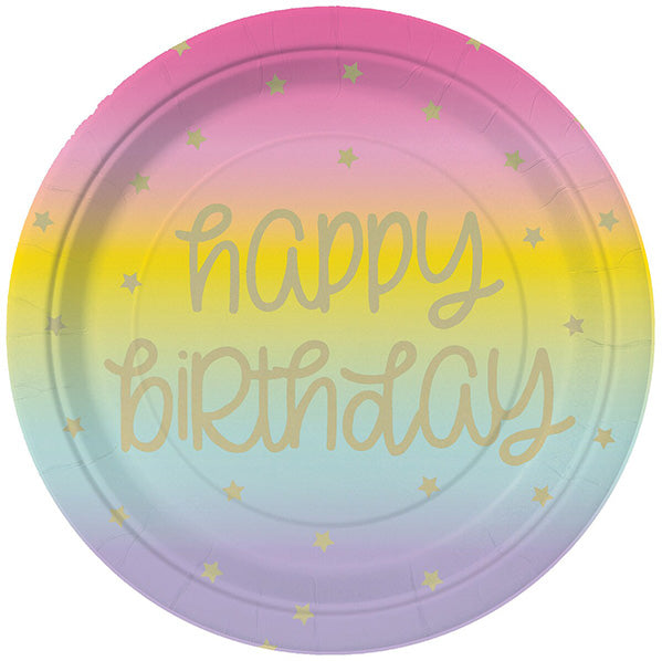 Rainbow Star "Happy Birthday" Foil Stamped Paper Plates 23cm (Pack of 8)