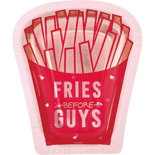 Lovely Galentine "Fries Before Guys" Foil Stamped Fries Shaped Paper Plates 21cm (Pack of 8)