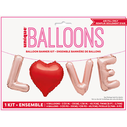 "Love" Rose Gold With Red Heart Foil Balloon Banner Kit