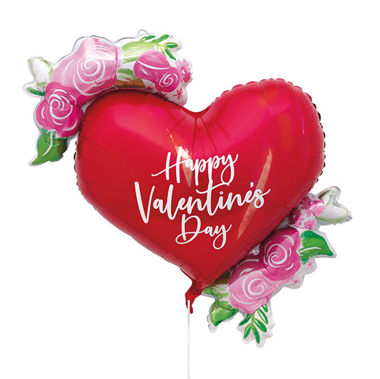 Flowerly "Happy Valentine's Day" Heart Foil Balloon With Ribbon