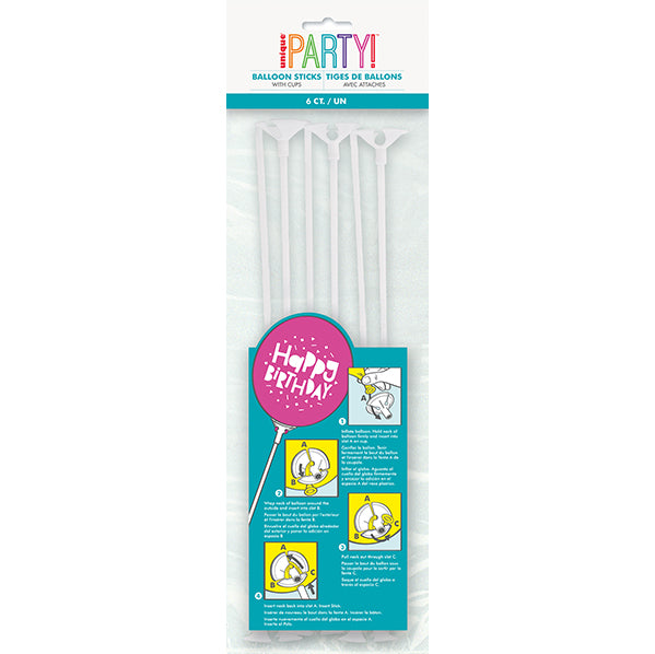 Balloon Sticks And Cups - White (Pack of 6)