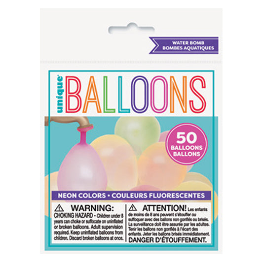 Waterbomb Balloons - Neon Assorted Colours (Pack of 50)