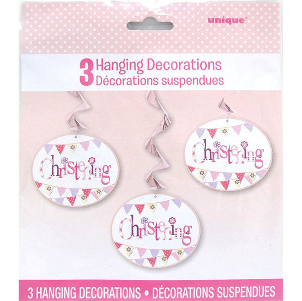 Christening Pink Hanging Swirl Decorations (Pack of 3)