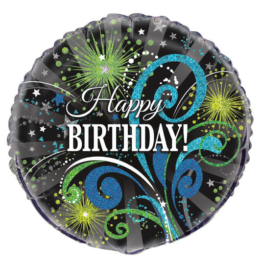 Black & Green Swirl "Happy Birthday" Foil Balloon 45cm