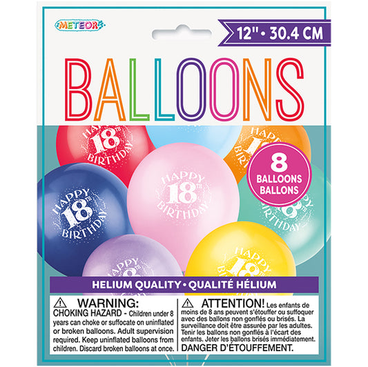 "Happy 18th Birthday" Assorted Colours Balloons 30cm (Pack of 8)