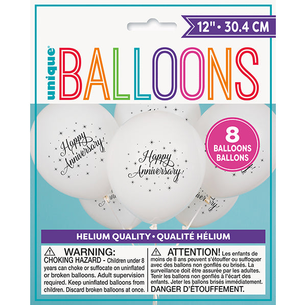 "Happy Anniversary" White Balloons 30cm (Pack of 8)