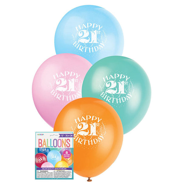 "Happy 21st Birthday" Assorted Colours Balloons 30cm (Pack of 8)