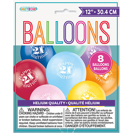 "Happy 21st Birthday" Assorted Colours Balloons 30cm (Pack of 8)