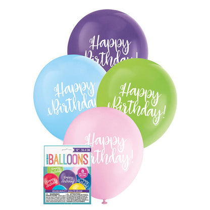 "Happy Birthday" Assorted Colours Balloons 30cm (Pack of 8)