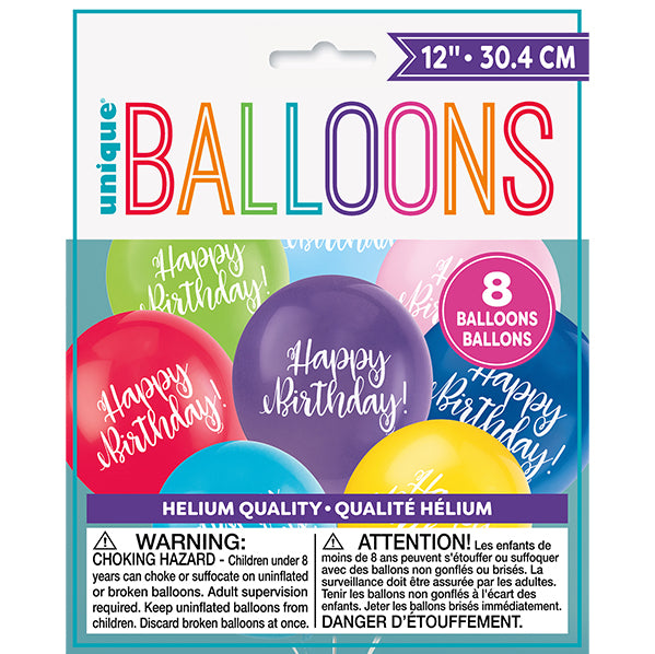 "Happy Birthday" Assorted Colours Balloons 30cm (Pack of 8)