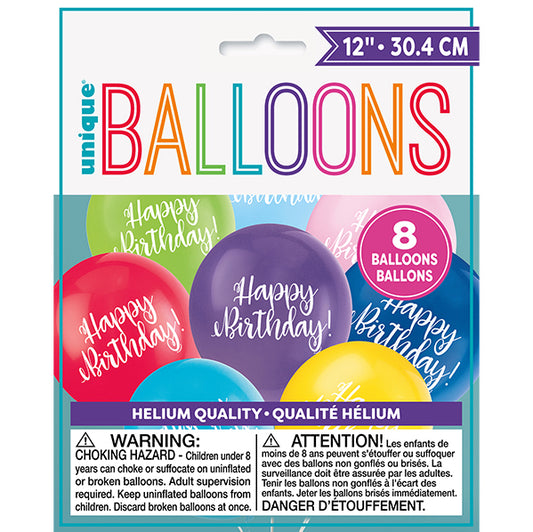 "Happy Birthday" Assorted Colours Balloons 30cm (Pack of 8)