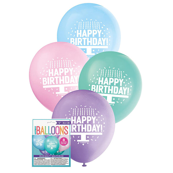 "Happy Birthday Cake" Assorted Pastel Colours Balloons 30cm (Pack of 8)