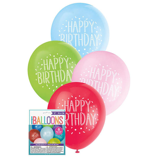 Fun "Happy Birthday" Assorted Colours Balloons 30cm (Pack of 8)