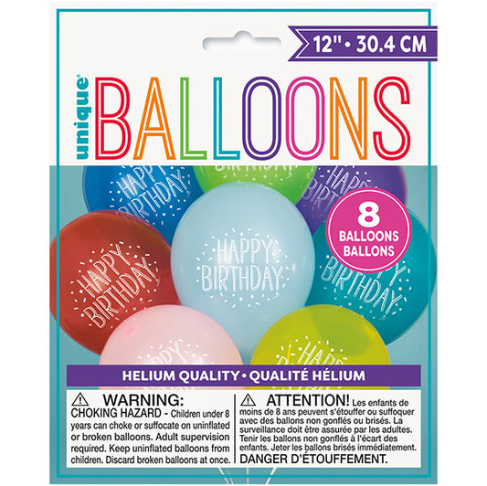 Fun "Happy Birthday" Assorted Colours Balloons 30cm (Pack of 8)