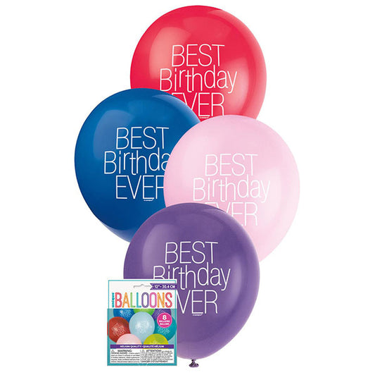 "Best Birthday Ever" Assorted Colours Balloons 30cm (Pack of 8)