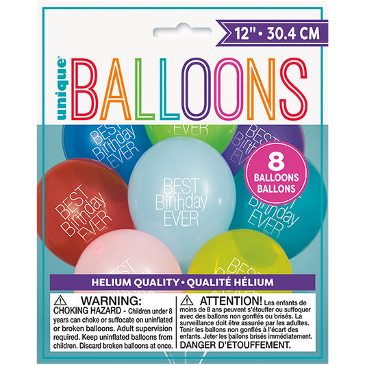 "Best Birthday Ever" Assorted Colours Balloons 30cm (Pack of 8)