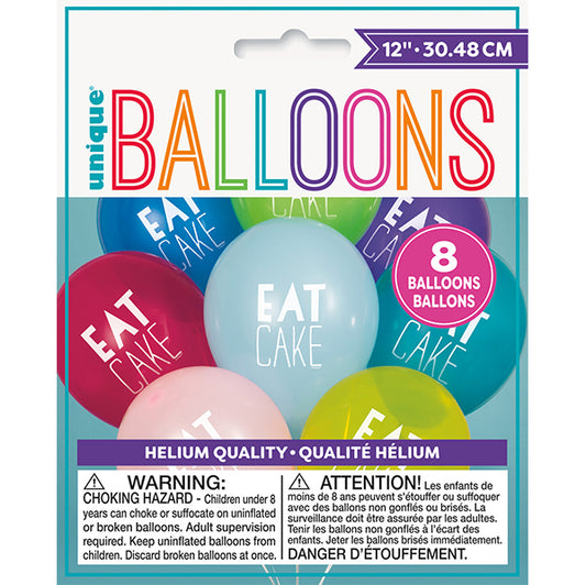 "Eat Cake" Assorted Colours Balloons 30cm (Pack of 8)