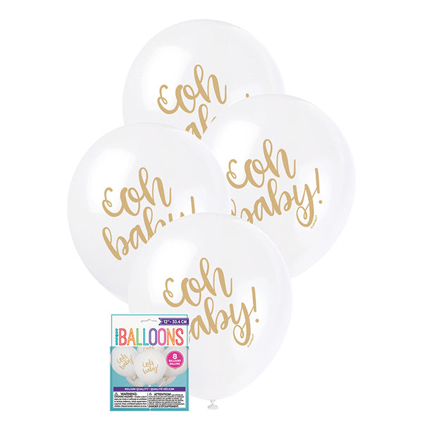 "Oh Baby" White Balloons 30cm (Pack of 8)