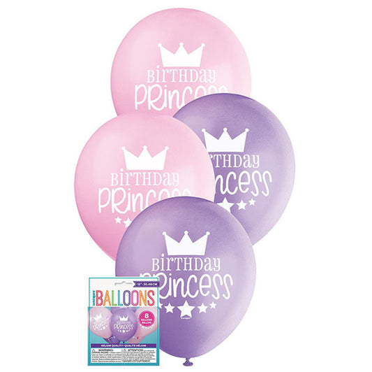 "Birthday Princess" Lovely Pink & Pretty Purple Balloons 30cm (Pack of 8)