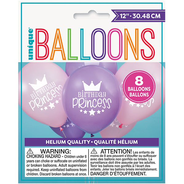 "Birthday Princess" Lovely Pink & Pretty Purple Balloons 30cm (Pack of 8)