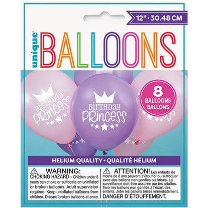 "Birthday Princess" Lovely Pink & Pretty Purple Balloons 30cm (Pack of 8)