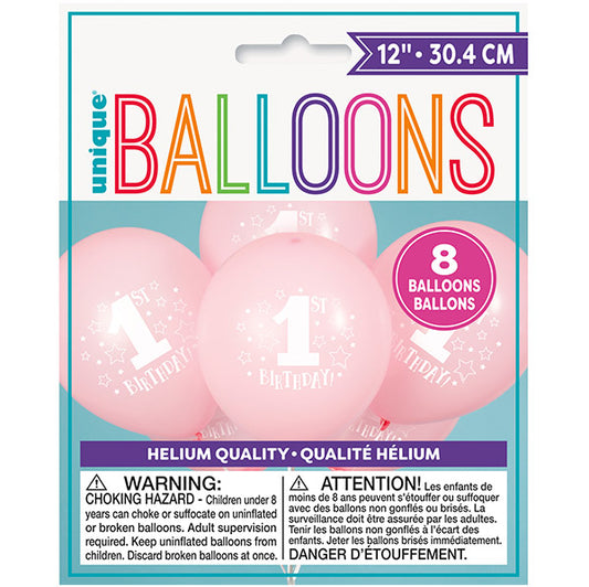 "1st Birthday Stars" Pink Balloons 30cm (Pack of 8)