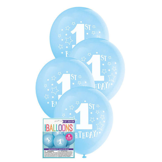 "1st Birthday Stars" Blue Balloons 30cm (Pack of 8)