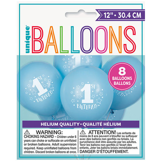 "1st Birthday Stars" Blue Balloons 30cm (Pack of 8)