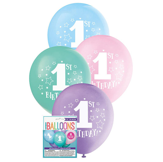 "1st Birthday Stars" Assorted Colour Balloons 30cm (Pack of 8)