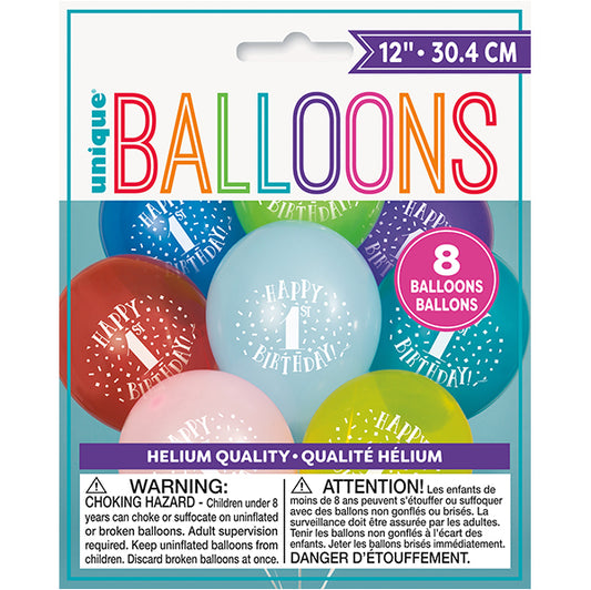 "Happy 1st Birthday" Assorted Colour Balloons 30cm (Pack of 8)