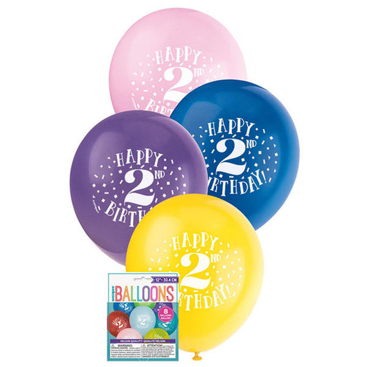 "Happy 2nd Birthday" Assorted Colour Balloons 30cm (Pack of 8)