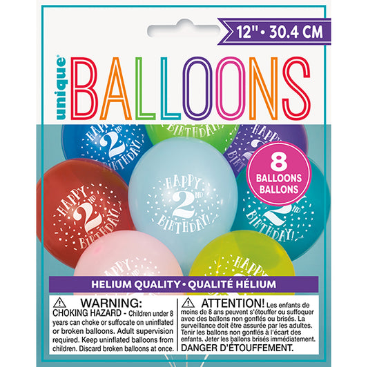 "Happy 2nd Birthday" Assorted Colour Balloons 30cm (Pack of 8)