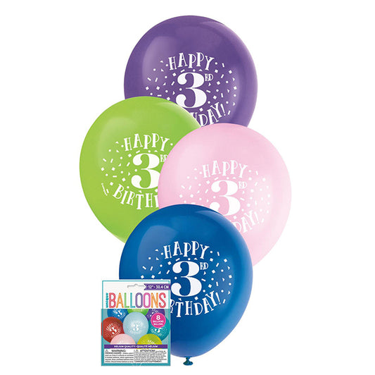 "Happy 3rd Birthday" Assorted Colour Balloons 30cm (Pack of 8)