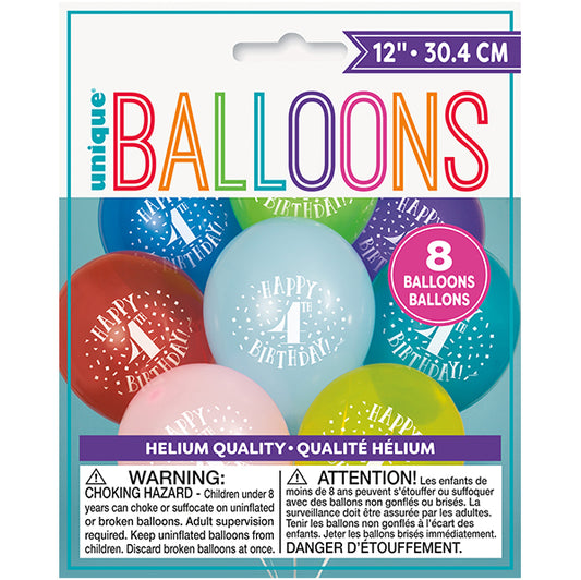 "Happy 4th Birthday" Assorted Colour Balloons 30cm (Pack of 8)