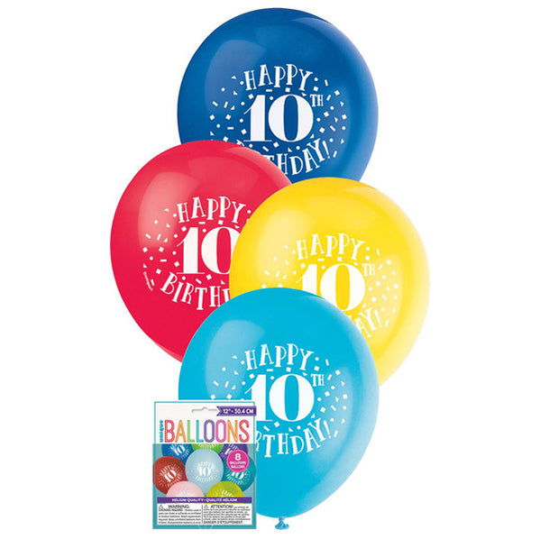 "Happy 10th Birthday" Assorted Colour Balloons 30cm (Pack of 8)