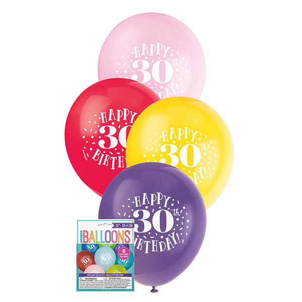 "Happy 30th Birthday" Assorted Colour Balloons 30cm (Pack of 8)