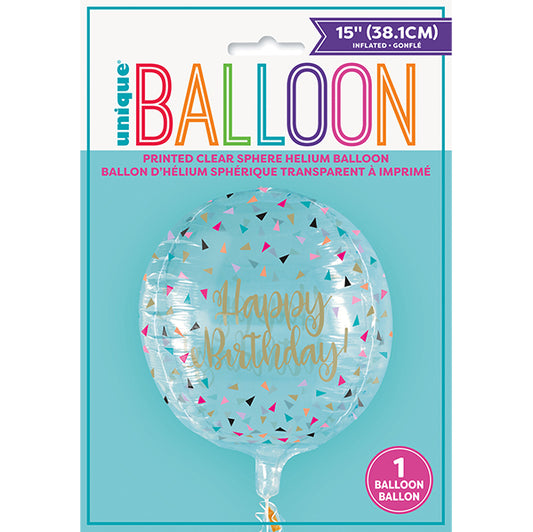 Printed Clear Sphere Colourful Birthday Helium Balloon 38cm