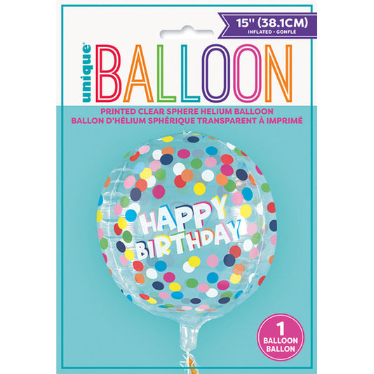 Printed Clear Sphere Polka Dot Birthday Helium Balloon 38cm