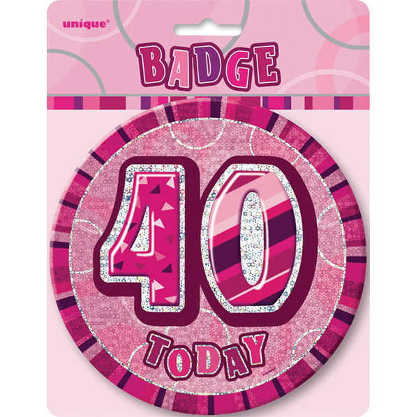 Glitz Pink Jumbo Birthday Badge - "40"