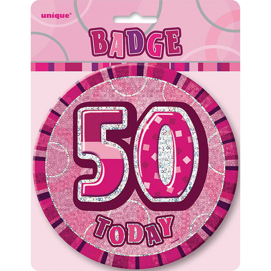 Glitz Pink Jumbo Birthday Badge - "50"